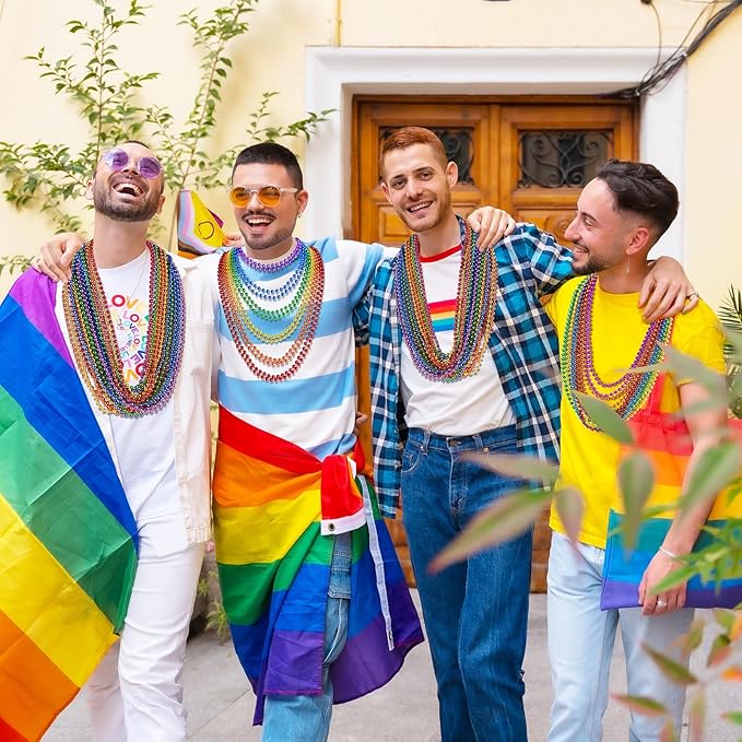 100PCS Pride Beads Necklaces Bulk, 33" 7mm Pride Beads Stuff, LGBTQ Metallic Rainbow Beaded Necklace, Pride Accessories for Women Men Parade Throw, Gay Lesbian Pride Month Party Favors (6 Colors)