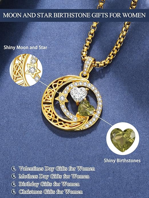 14K Gold Moon and Star Necklace Gifts for Women - Double Heart Birthstone Necklace, Valentines Wedding Anniversary Birthday Gifts for Her Wife Mom Daughter Grandma Sister