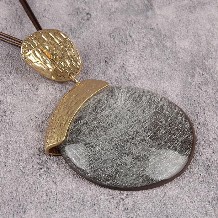 Boho Leather Necklace Women Bohemian Brown Circle Pendant Necklace Choker Long Necklaces for Women Boho Ring Large Pendant