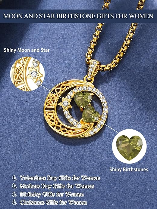 14K Gold Moon and Star Necklace Gifts for Women - Double Heart Birthstone Necklace, Valentines Wedding Anniversary Birthday Gifts for Her Wife Mom Daughter Grandma Sister