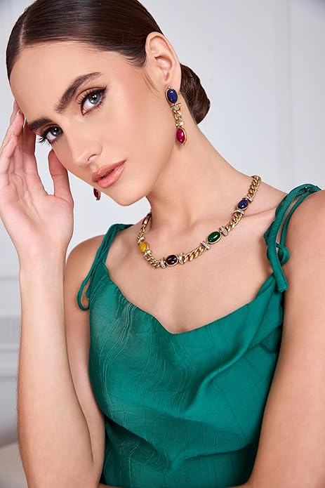 Multicolor natural stone necklace for women – vintage gold-plated copper alloy statement jewelry with rhinestone accents