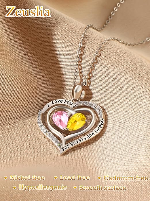 Valentine's Day Gifts for Wife 925 Sterling Silver Double Birthstone Pendant Necklaces I Love You for Always and Forever Necklace Anniversary Birthday Gifts for Wife Girlfriend Mom Her