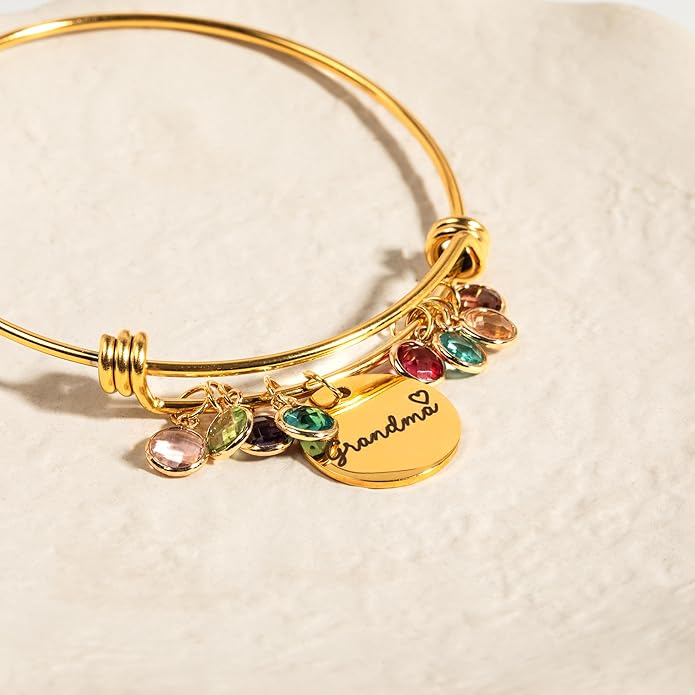Custom Grandma Birthstone Bangle Bracelet, Personalized Children’s Birthstone Gift for Mom, Handmade Jewelry for Her, Birthday Valentines Day Gift for Women, Meaningful Present for Grandma – ABR-LC-MBS
