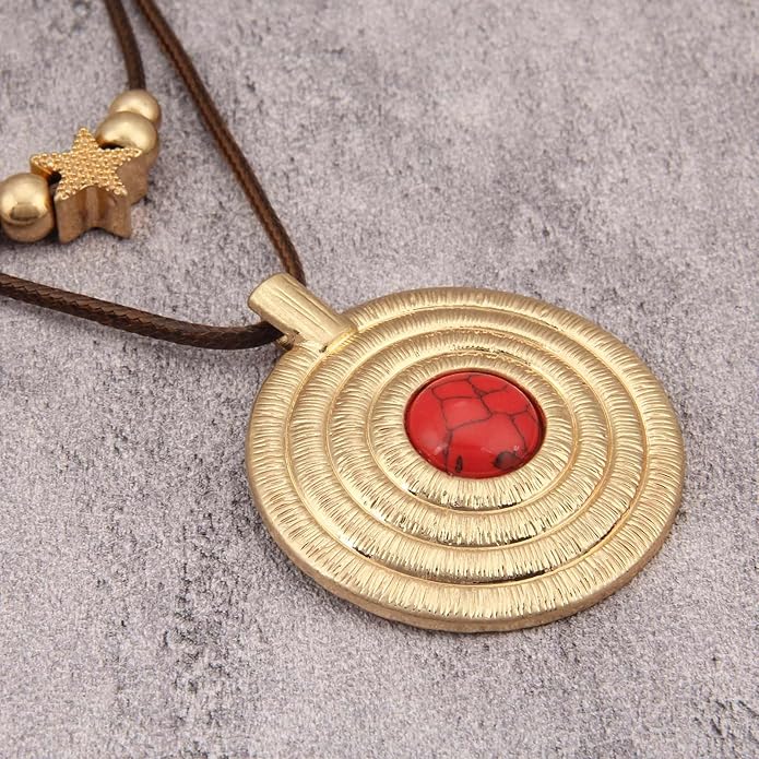 Boho Necklaces for Women Chunky Circle Necklace Layered Boho Circle Leather Choker Necklace Long Vintage Necklaces Bohemian Jewlery Gifts
