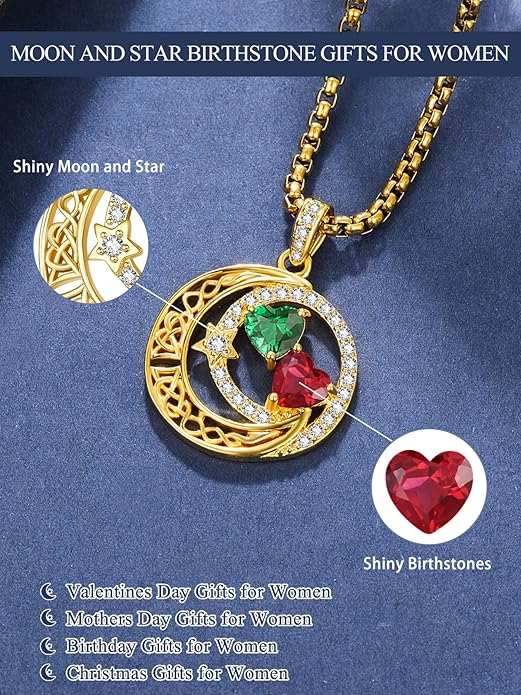 14K Gold Moon and Star Necklace Gifts for Women - Double Heart Birthstone Necklace, Valentines Wedding Anniversary Birthday Gifts for Her Wife Mom Daughter Grandma Sister