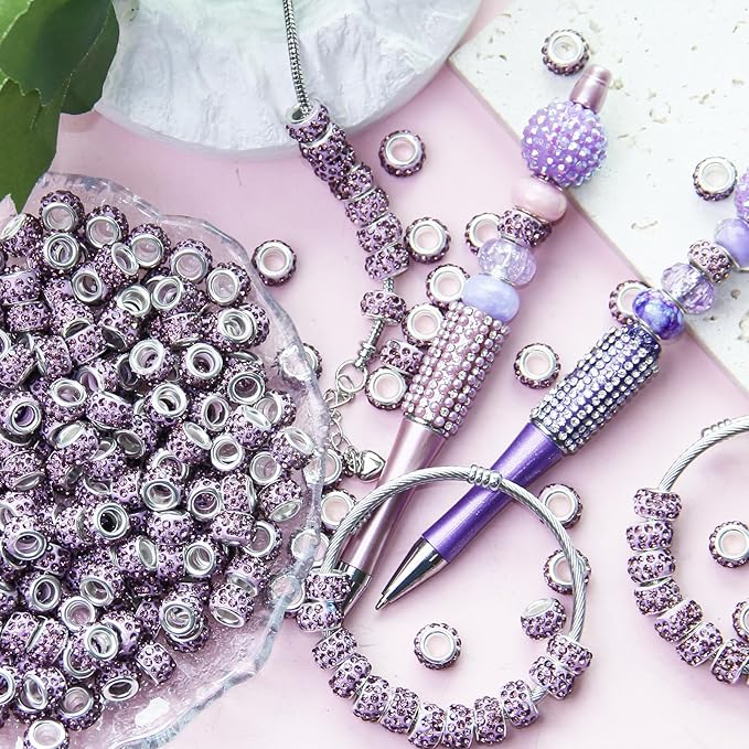 100Pcs Rhinestone Large Hole Beads Spacer Beads Purple European Craft Big Beads Large Hole Rhinestones Lampwork Murano Bead Fairy Wand Garden Beads for DIY Bracelet Necklace Jewelry Making Supplies