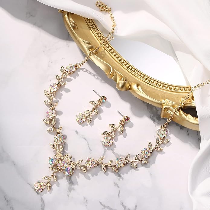 BriLove Women's Wedding Jewelry Leaf Cluster Flower Crystal Dangle Earrings Pendant Necklace Set for Bridal