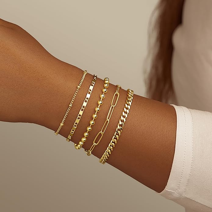 Gold Bracelets Set for Women Stack, Dainty Thick Bracelets Stack for Women Trendy, Simple Thin Gold Plated Cuff Stackable Bracelets With Beaded Cuban Paperclip Snake Rope Bangle Hand Chain Jewelry Gifts for Women Non Tainish