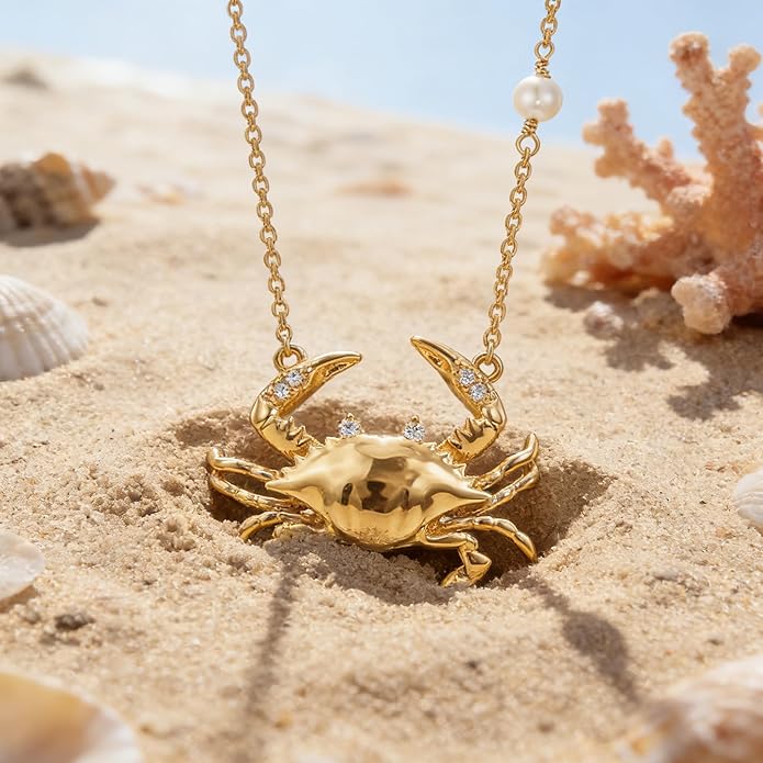 MEVECCO Dainty Gold Pendent Necklace for Women 18K Gold Plated Pearl CZ Starfish Seashell Conch Star Crab Boho Handmade Ocean Chain Necklace Summer Beach Jewelry Gift