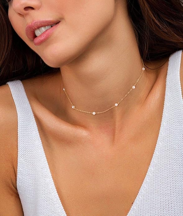 CHESKY 14k Gold Plated/Silver Plated Dainty Necklace for Women, Trendy Satellite Choker Necklace Thin Beaded Layered Choker Necklaces Discs Paperclip Chain Necklaces Womens Simple Jewelry
