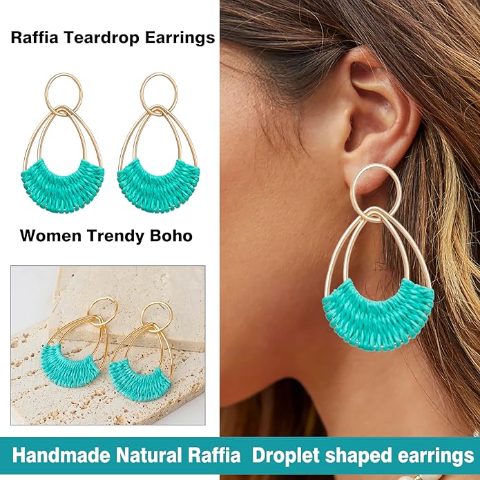 Raffia Hoop Earrings for Women Fun Boho Summer Beach Earrings Lightweight Handmade Straw Wicker Rattan Dangle Earrings Statement Geometric Round Drop Earrings