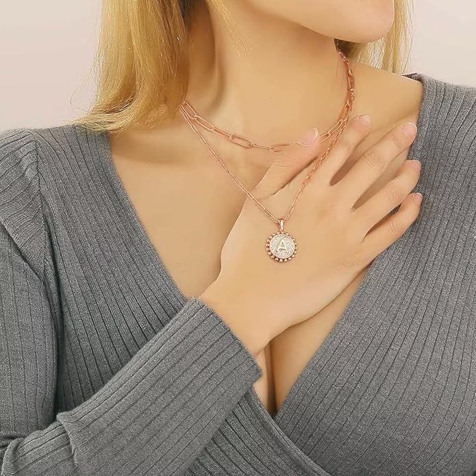 Yoosteel Valentines Gifts for Women Her - Gold Layered Initial Necklaces for Women 14K Gold Plated Dainty Layering Paperclip Link Chain Necklace Coin Initial Necklace Birthday Gifts for Teen Girls