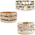 Wowanoo 3Pack Leather Cuff Bracelet Set Multilayer Wrap Bracelet Crystal Feather Tree Bracelet Magnetic Clasp Bracelet for Women