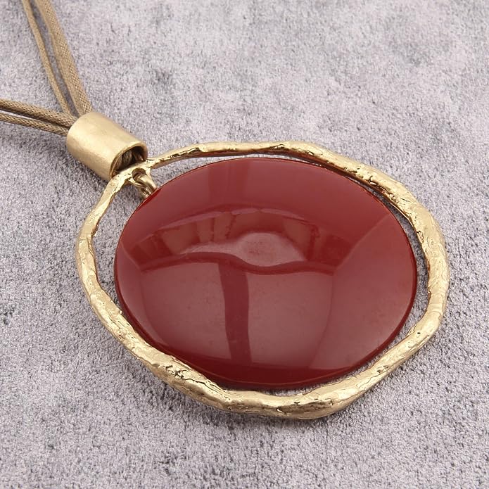 GelConnie Leather Necklace for Women Large Pendant Long Brown Necklace Circle Leather Choker Vintage Sweater Necklace Gold Chunky Boho Necklaces for Women