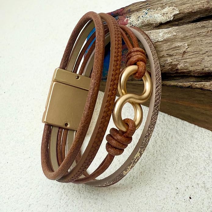 Leather Bracelet for Women Black Wrap Bangle Gold Infinity Bow-knot Bead Heart Bracelet Chunky Layered Bracelets for Women Trendy