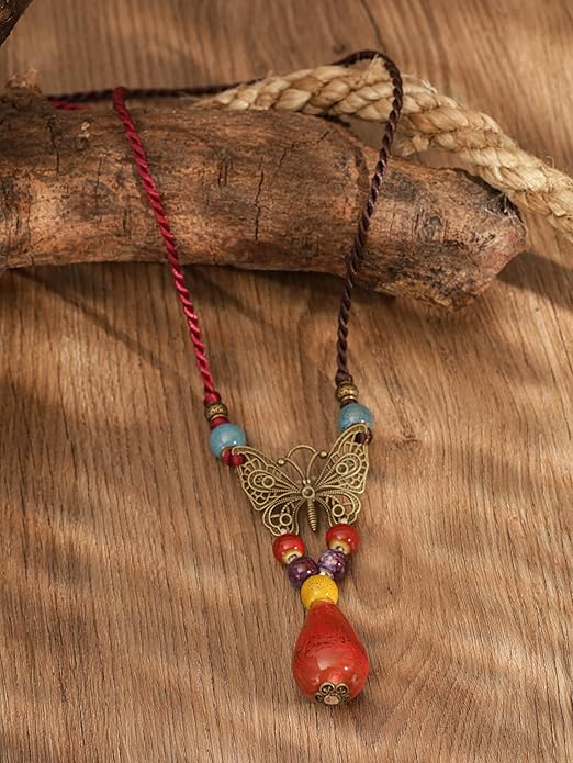 MINACHI Hippie Boho Colorful Ceramic Bead Butterfly Charm Pendant Y Necklace, Vintage Bohemian Statement Jewelry Gift for Women