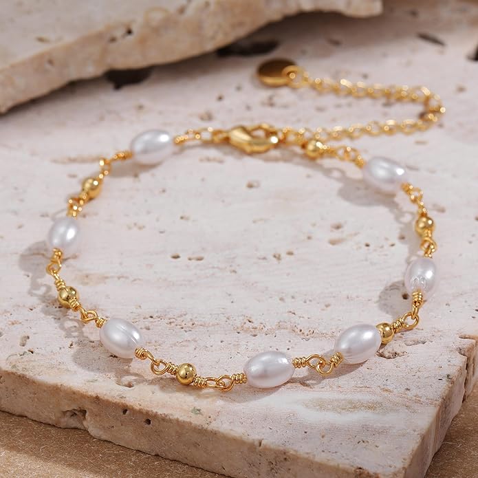SLOONG Valentines Day Gifts for Her Gold Pearl Bracelets, 18K Real Gold Plated Dainty Stackable Snake Chain CZ Heart Pendant Bracelets, Layered Waterproof Jewelry Gift for Women Adjustable 6"+2"