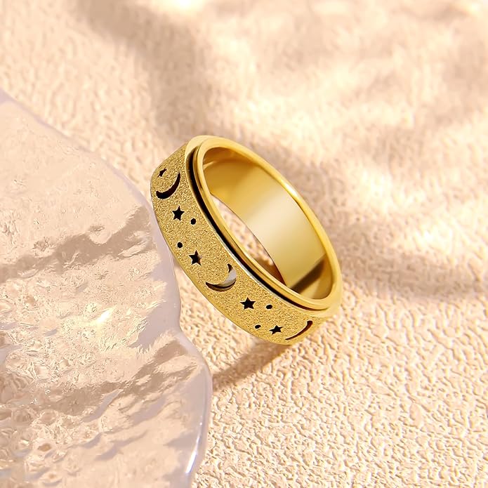 AmorArtSky Anxiety Ring for Women Men, Titanium Stainless Steel Spinner Ring, 5 Colors, 6MM, Size 6-10, 3 Styles Anxiety Ring-Moon Star, Sandblasted Finished, Hollow Outer