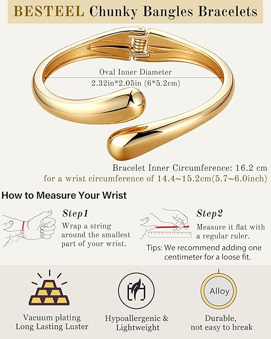 Chunky Bangle Bracelets for Women, Dainty 14k Gold Plated Big Stackable Bangles Set, Trendy Statement Women's Cuff Bracelet Stack Waterproof Chunky Bracelets Jewelry Gifts