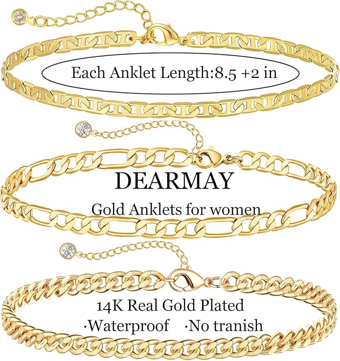 DEARMAY Dainty 14K Gold Plated Ankle Bracelets for Women, Waterproof 14K Gold Plated Link Chain Anklets Non Tarnish Set Pack Summer Beach Jewelry Gift