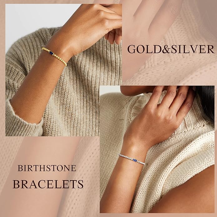 Yoosteel Valentines Gifts for Her Kids Girls - Valentines Day Bracelets Dainty Birthstone Bracelet for Women Elastic 14K-Gold-Plated Bead Bracelets Trendy Friendship Birthday Jewelry Gift for Teenage Girl Women