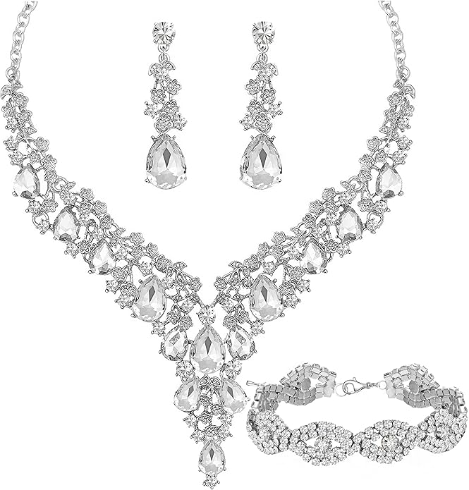 Wedding Bridal Bridesmaid Austrian Crystal Rhinestone Jewelry Sets Statement Choker Necklace Earrings Bracelets Sets for Wedding Party Prom