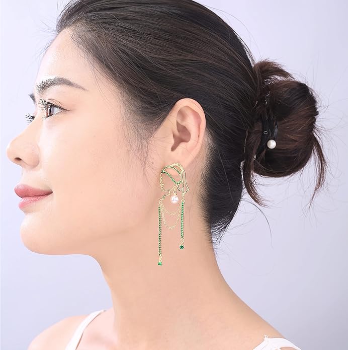 Unique Abstract Face Art | Dangle Statement Long Earrings for Women | Rhinestone Tassel Handmade Chandelier Earrings