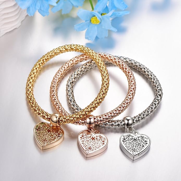 Crystal Charms Multilayer Bracelets - 3PCS Gold/Silver/Rose Gold Corn Chain Bracelet for Women, Tree of Life Heart Shaped Stretch Bracelet