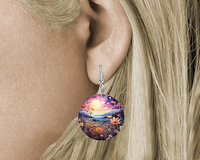 Round Wood Earrings Light Weight Printed Image Dangle Jewelry
