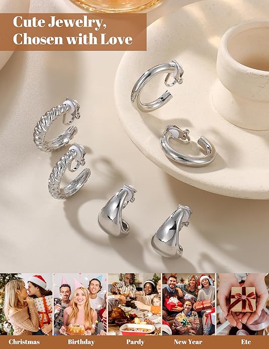 BESTEEL 3Pairs Clip on Earrings for Women Trendy Hypoallergenic 14K Gold Plated Chunky Tube Croissant Waterdrop Clip-on Hoop Earrings Set Fake Jewelry Non Pierced Ears