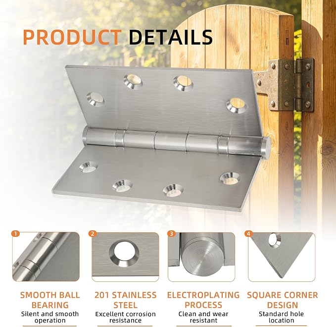 6-Pack 4.5 inch X 4.5 inch Heavy Duty Commercial Door Hinge Thickened | - Image 3