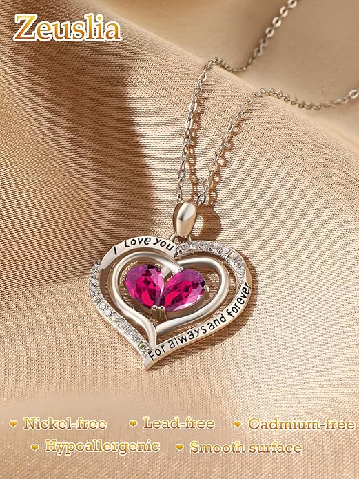 Valentine's Day Gifts for Wife 925 Sterling Silver Double Birthstone Pendant Necklaces I Love You for Always and Forever Necklace Anniversary Birthday Gifts for Wife Girlfriend Mom Her