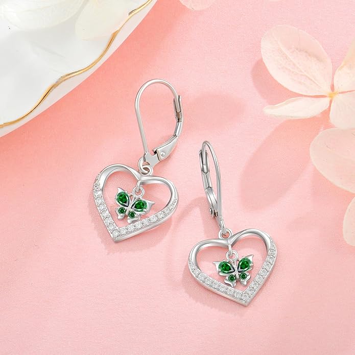 Butterfly Birthstone Heart Dangle Drop Earrings, 925 Strlings Silver 5A Cubic Zircon Leverback Earrings Jewelry Anniversary Birthday Gifts for Women