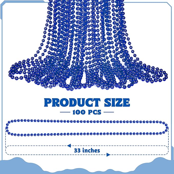 100 PCS Blue Mardi Gras Beads Necklaces, 33" Metallic Patriotic Carnival Beaded, 4th of July Costume Necklaces Bulk, Mardi Gras Accessories Set for Gender Reveal Parade Throws Party Decorations