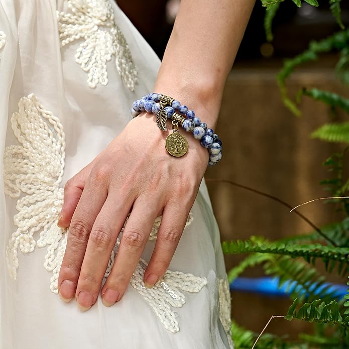Bivei Natural Semi Precious Gemstone beads bracelet for women - Life Tree and Leaf Charm Energy Reiki Crystal Stretch Bracelets
