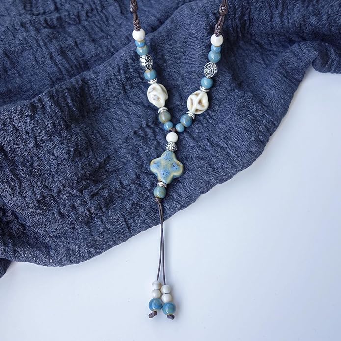 Boho Style Colorful Ceramic Bead Strand Necklace Adjustable Bohemian Jewelry Gift for Women, Fashion Clothing Matching Necklace