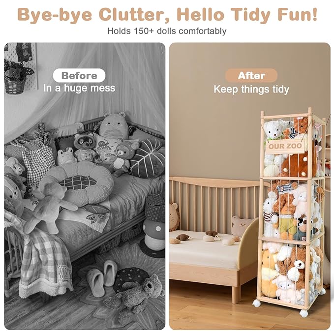 Stuffed Animal Storage, Wood Stuffed Animal Zoo Storage with Brake Wheels, Space Save Toy Organizer, Large Capacity Stuffed Animal Holder, Perfect for Nursery Playroom Kidroom Bedroom-54.3 Inch