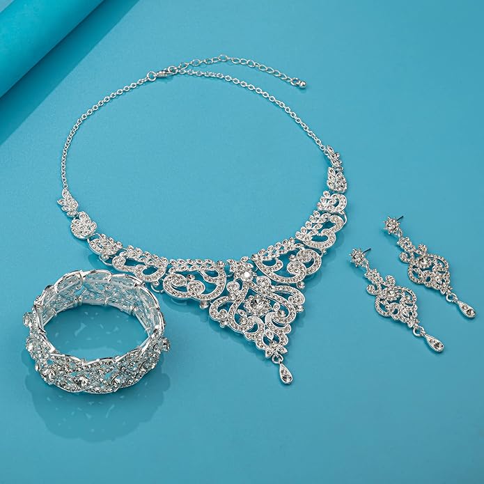 Silver Gold Plated Wedding Jewelry Sets Bridal Necklace Rhinestone Earrings Bracelets