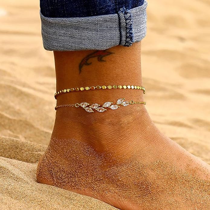 MIDEEO Gold/Silver Ankle Bracelets for Women,14K Gold Anklets for Women Waterproof Cuban Link Heart Beads Herringbone Rhinestone Anklets Set Layered Anklet Bracelets for Women Gold Jewelry Gift