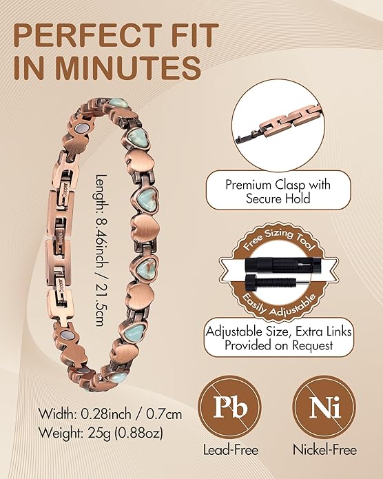 Feraco Pure Copper Bracelets for Women, Ultra Strength Magnetic Bracelet with 3800 Gauss Magnets & Natural Turquoise & Stones, Adjustable, Jewelry Gift