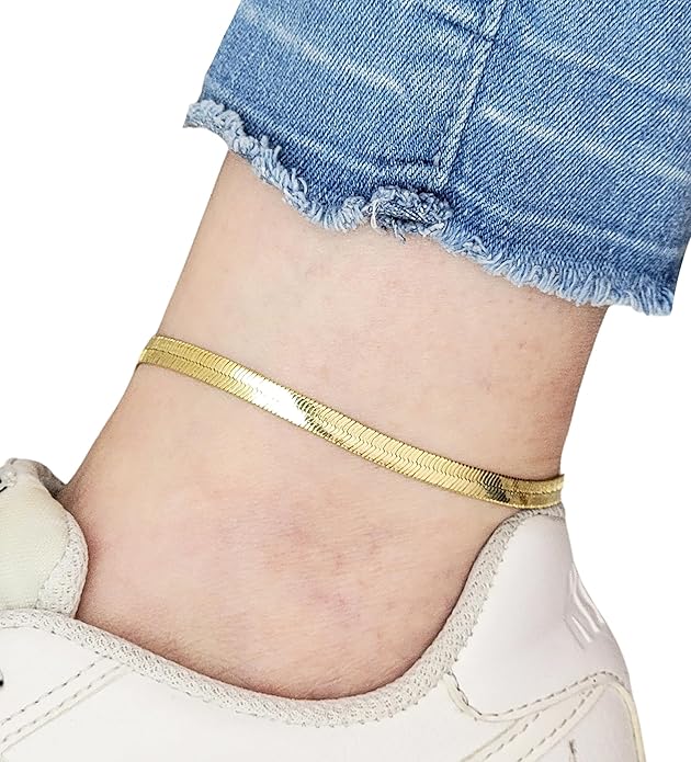 Gold Electroplated Anklet for Women, 9-12 Inch Sizes, Figaro, Cuban, Mariner, Herringbone Design - Made in Korea