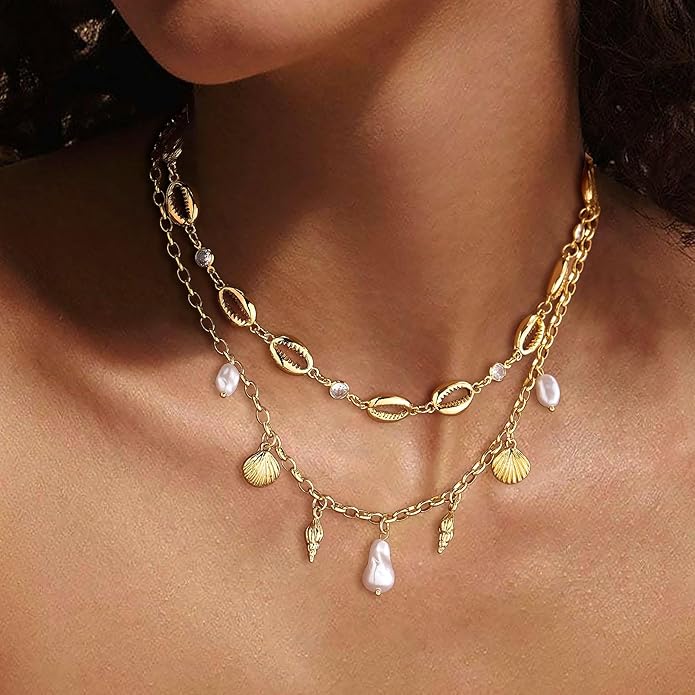 Shell Charm Necklace For Women Stack Seashell Pearl Dainty Starfish Beach Layered 14k Gold Plated Pendant Summer Boho Jewelry Gifts