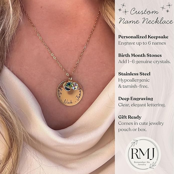 Custom Birthstone Name Necklace for Mom – 1 to 6 Kids Names with Swarovski Crystals – Personalized Gift for Women, Grandma, Wife – Family Jewelry, Mother’s Necklace in Gold, Silver, or Rose Gold