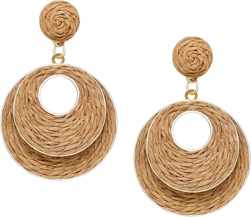 Raffia Hoop Earrings for Women - Boho Straw Wiker Dangle Drop Earrings for Summer Beach, Bohemian Trendy Rattan Jewelry