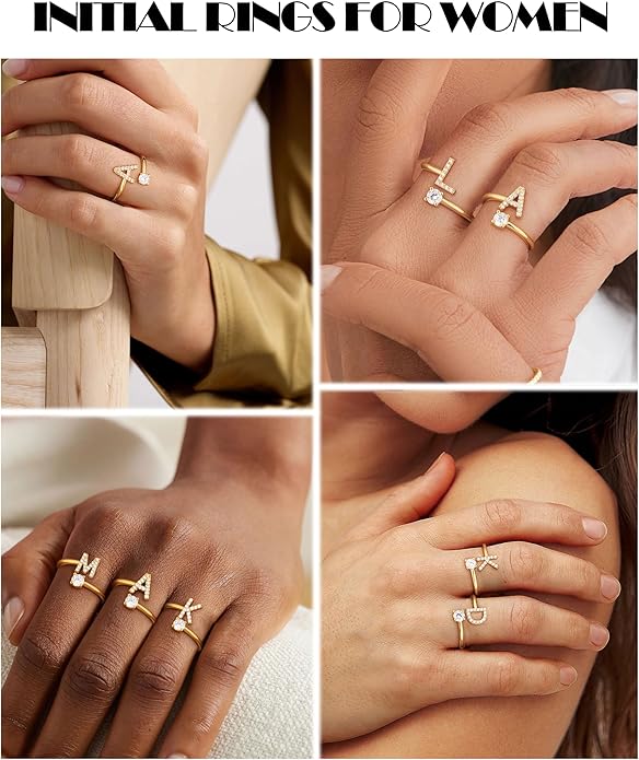 Valentines Day Gifts Gold Silver Initial Rings for Women Non Tarnish Dainty 14k Gold Plated Stackable Rings for Women Trendy Adjustable Letter Cubic Zirconia Pinky Ring Cute Open Birthday Gift Jewelry