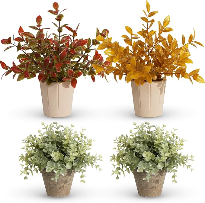 4 Pack Small Fake Plants in Pulp Pot, 9.5" Tall by Decorateyouridealhomewithease