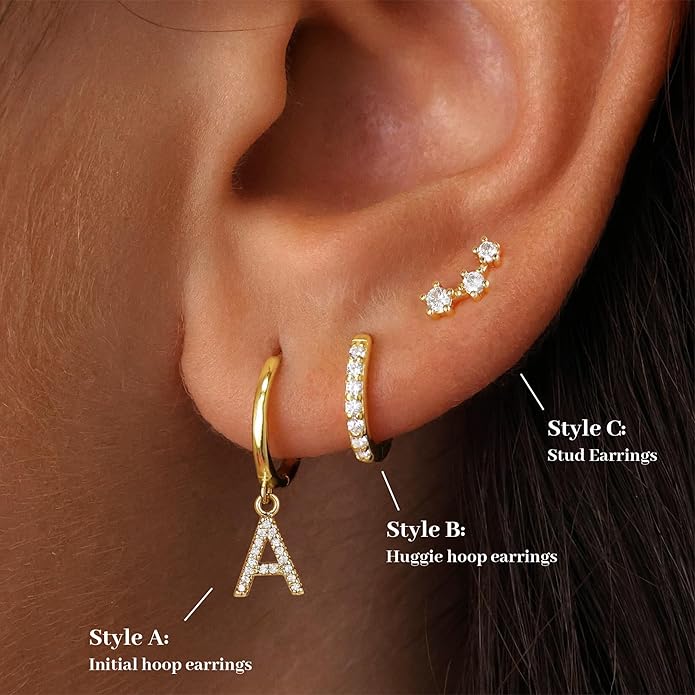 Valentines Day Gifts for Kids Girls - 3 Pairs Gold Earrings for Women Huggie Hoop Earrings for Girls with Initial Dangle Cartilage Earring Studs Hypoallergenic Earring Set for Multiple Piercing