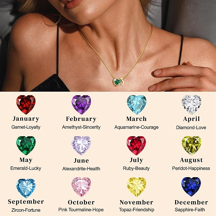 Valentines Day Gifts for Her- Heart Birthstone Initial Necklace for Women Girls,14K Gold Plated Heart Letter A-Z Necklace Birthday Trendy Jewelry Gifts for Women Girls Daughter