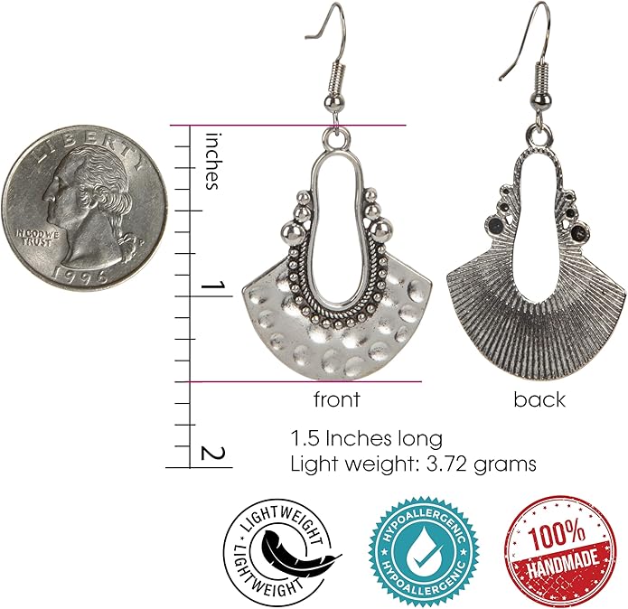 SPUNKYsoul Boho Dangle Earrings for Women – Lightweight Tribal Fan Paddle Design with Hieroglyphic Accents – Unique Handmade Gift Idea for Her