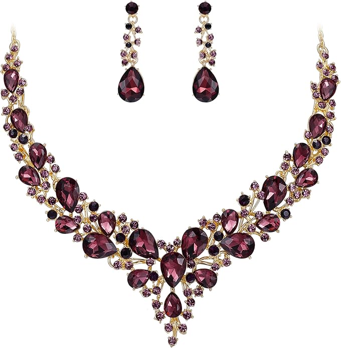 BriLove Women's Wedding Bridal Austrian Crystal Teardrop Cluster Statement Necklace Dangle Earrings Jewelry Set